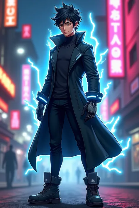 " A character named Ned Eddie Storm , inspired by Sonic and Goku ,  designed as a modern urban hero .  He is a young man with short and messy hair with electric blue reflections that shine slightly.  His eyes are brown with a golden flash when Activate his...