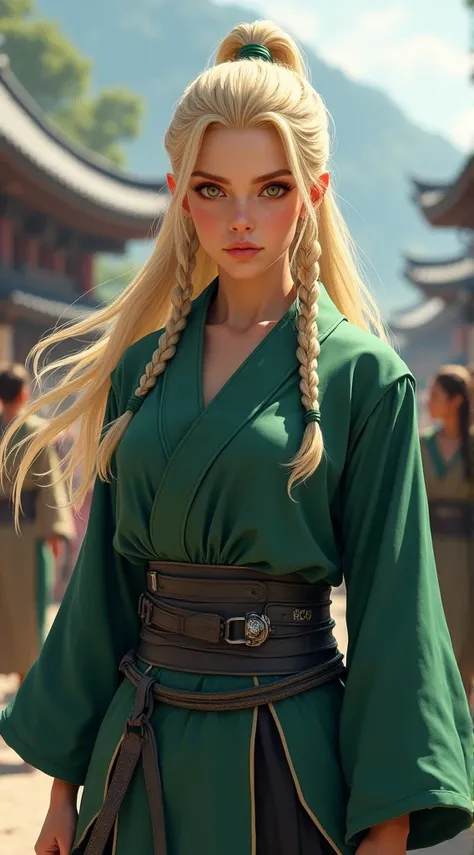 This is a digital painting in a highly detailed, hyper-realistic style a powerful female ninja with long blonde hair tied in twin ponytails, honey brown eyes, wearing a green robe over a gray and black combat outfit, standing in a bustling village with vil...