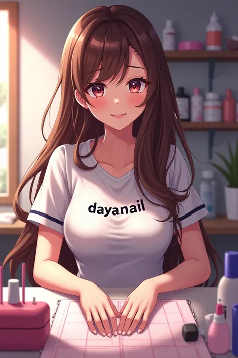 A brunette anime-style woman ,  manicurist who says dayanail on the shirt