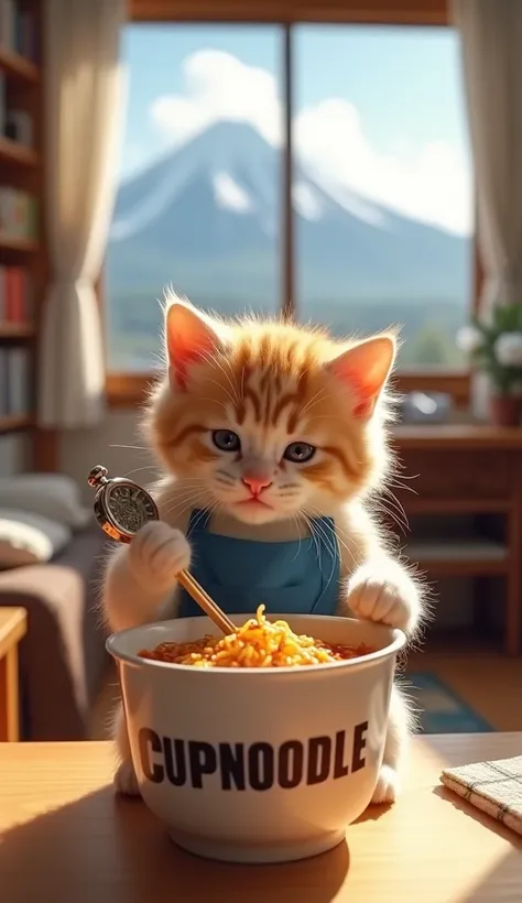 Realistic. Photorealistic. Image is vibrantly colored.
photo,Highly detailed

A real kitten is trying to eat a cup noodle,
The cup noodle package has the word "CUPNOODLE" written in alphabet,
The kitten is holding chopsticks in kittens right hand and a sto...