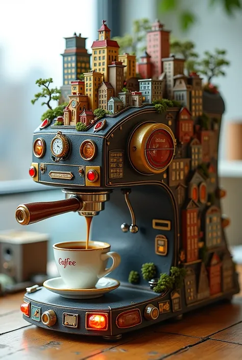 Can you create a coffee maker whose walls are buildings and cars