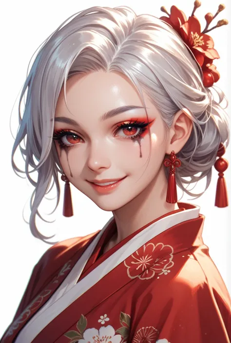   simple background,  Japanese illustration style,  soft lighting ,  dark makeup ,  a gentle smile , fascinating, Red eyes, Silver hair, White hair, looking at viewers