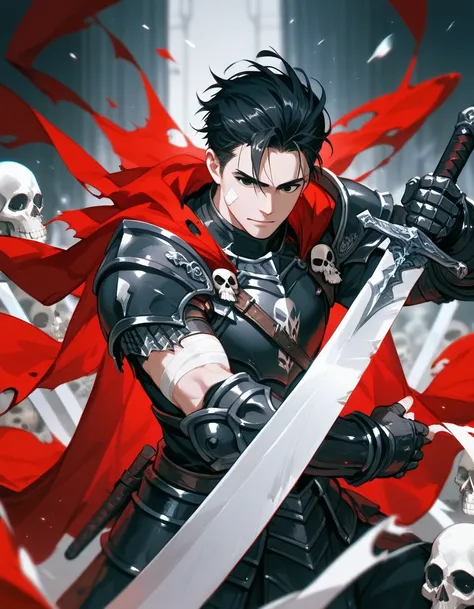 Black Haired Man, Red Black Armor , holding a pair of black and white swords,cool,With a torn shawl ,There is a bandage ,thin, in black eyes,skull