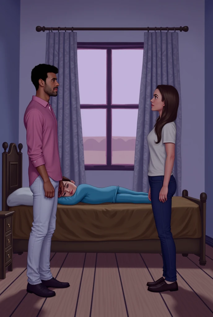 The image is a digital illustration of a man and a woman standing in a bedroom. The man is on the left side of the image, wearing a pink shirt and white pants, and the woman is standing on the right side. They are facing each other and appear to be engaged...