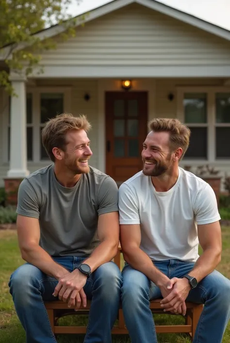 2 laughing man and man sit down In front of the house 