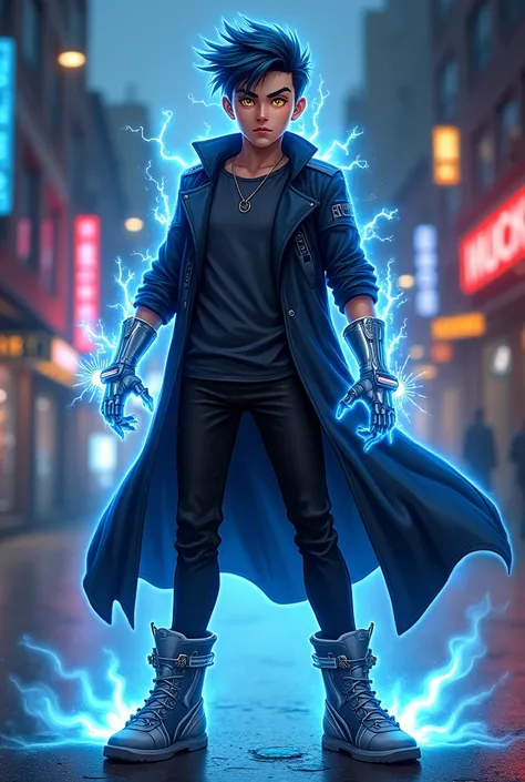 " A character named Ned Eddie Storm , inspired by Sonic and Goku ,  designed as a modern urban hero .  He is a young man with short, tidy hair on the left with electric blue reflections that shine slightly.  His eyes are brown with a golden flash when Acti...