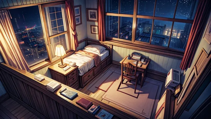 cozy room at night, warm lighting, 2D Anime style, Lo-fi, aerial view, disorder,
