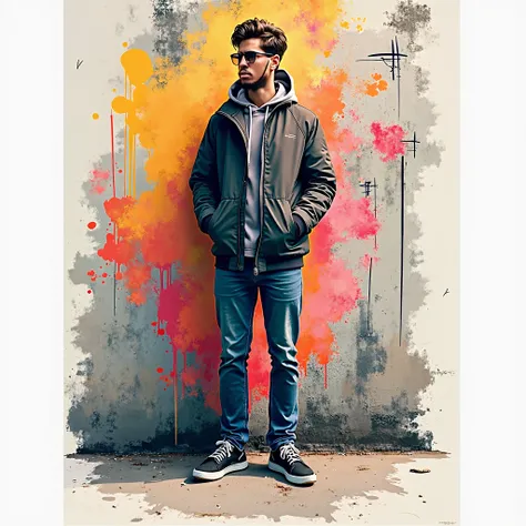  Abstract and modern design of a MAN inspired by urban art and graffiti.  Use simple geometric shapes and fluid lines  ,  like spray or brushstrokes  ,  that evoke the style of urban walls  .  Introduce subtle textures that resemble concrete or brick walls...