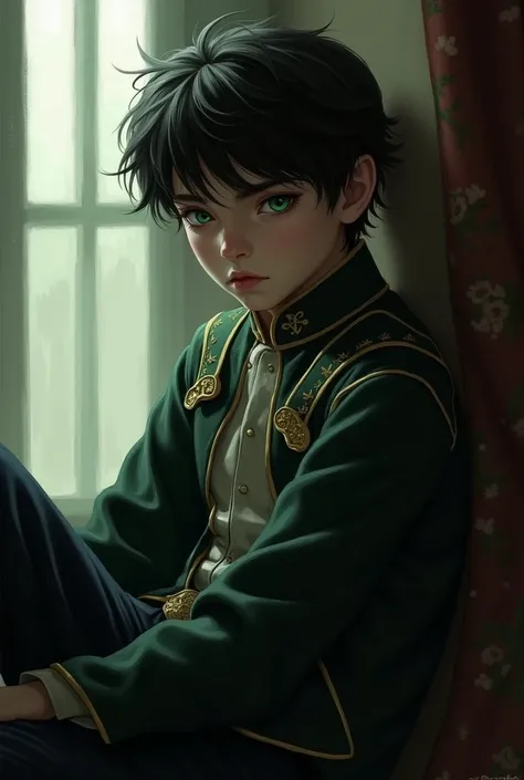 A young man with short black hair, bangs, and bright green eyes, A prince, is sitting leaning against the window, The personality looks cold.   