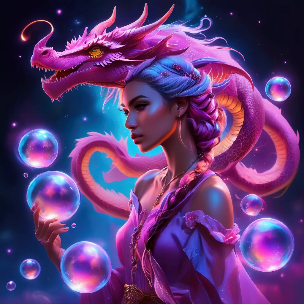 a woman with a dragon head and a pink dress holding bubbles, fantasy art style, detailed fantasy digital art, beeple and jeremia...