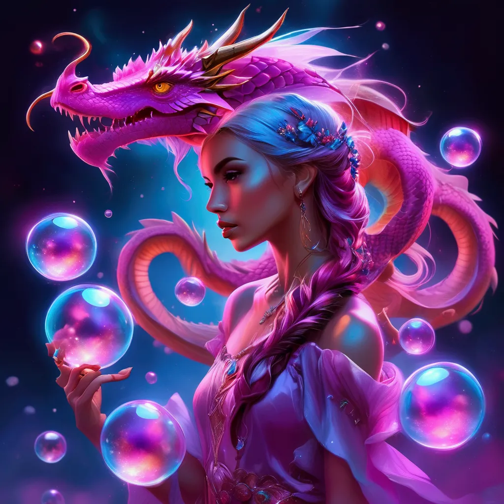 a woman with a dragon head and a pink dress holding bubbles, fantasy art style, detailed fantasy digital art, beeple and jeremia...