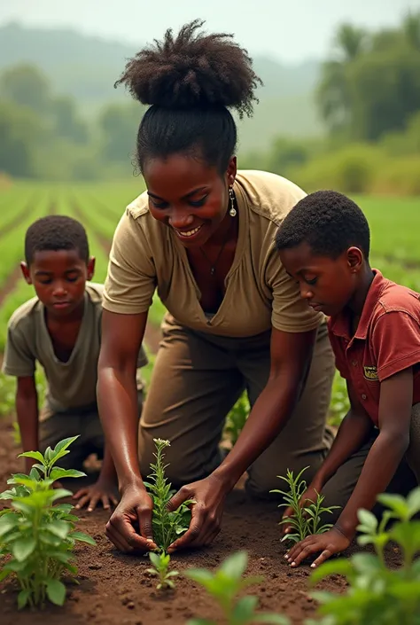  A black lady weeding in the machamba with three boys, 16 ,  14 and  respectively  
