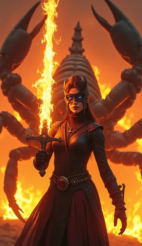 The scorpion is from fire. I want a picture of a girl with a mask and her eyes, but her eyes are blue and she has a sword in her hand and the sword is on fire. In the background, there is a big scorpion and fire is burning as if it is the supply of revenge