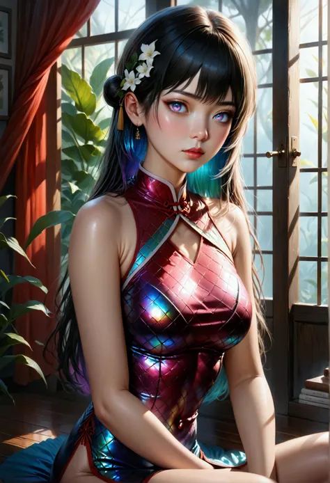 18 year old girl, mahiru shina, Long smooth straight black hair, inner dark iridescent hair, iridescent eyes, large chest narrow waist large hips, sitting in skimpy cheongsam, detailed eyes, realistic, masterpiece, super detail, best quality, 8k