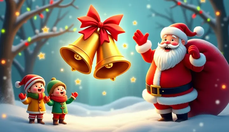 "Create a festive, -friendly thumbnail with the following details:

Santa Claus: Positioned on the right side, holding a large red gift bag slung over his shoulder, waving cheerfully. His outfit is a vibrant red with white fur trim, and his face should hav...