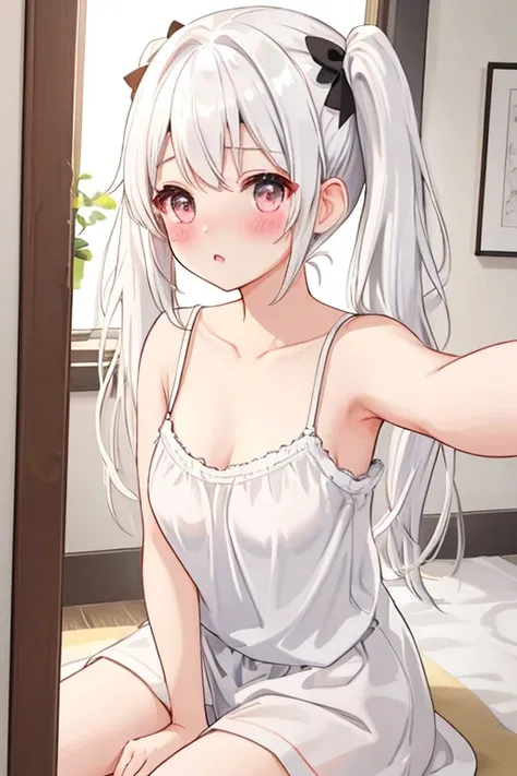  best quality、 high definition 、 one girl、White Hair、 twin tails、blush、 smaller breasts、 camisole 、 slouching forward、 selfie 