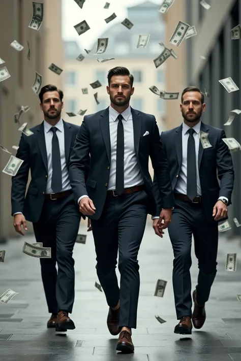 Three men in suits and walking  forward together and money falling from the Sky 