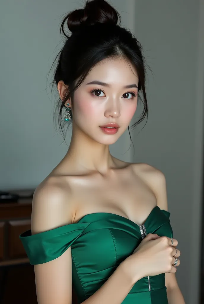 a beautiful young woman, 1girl, green off-shoulder dress, detailed skin, photoshoot pose, healthy skin, high bun hairstyle, intr...