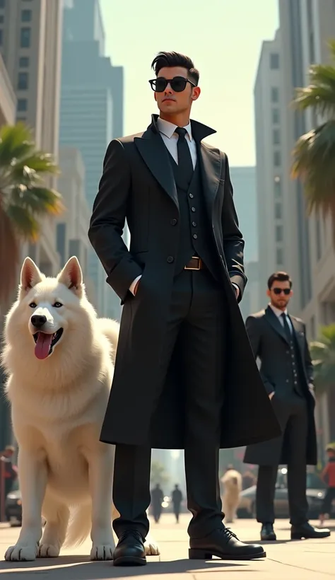 A gangster boy wearing black glasses, black coat and black pants and with him a big dog of white color, a beautiful city, luxury, one or two men around