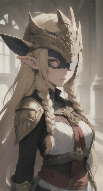 Ancient Hylian, Yggdrasil priestess, helmet, covered eyes, Hylia, blonde, red eyes, bandit braids, looking at viewer, long messy hair, ancient Hyrule, ancient priestess armor,