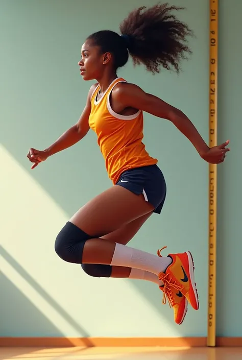 14-YEAR-OLD GIRL FROM AFRO-CARIBBEAN UNIFORMED VOLLEYBALL PLAYER JUMPING SIDEWAYS WITHOUT IMPULSE ON A WALL THAT HAS A MEASURING TAPE