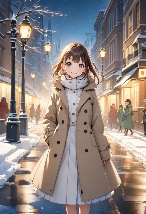 snowy street、street lamp、Smiling girl in a trench coat standing in the middle of the road、 beautiful anime girl 、8k、