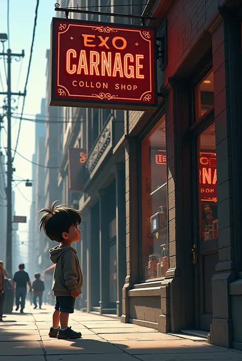 A boy infront of looking at a shop named CARNAGE