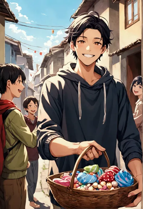 A young man smiling warmly, handing out new clothes and sweets to ren in a humble neighborhood, with joyful faces all around.