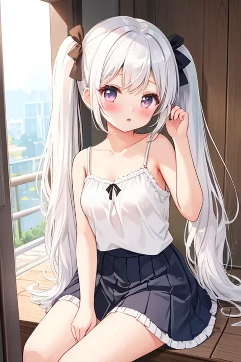  best quality、 high definition 、 one girl、 pretty girl、White Hair、 twin tails、blush、 smaller breasts、 camisole 、 skirt、 raise your hand