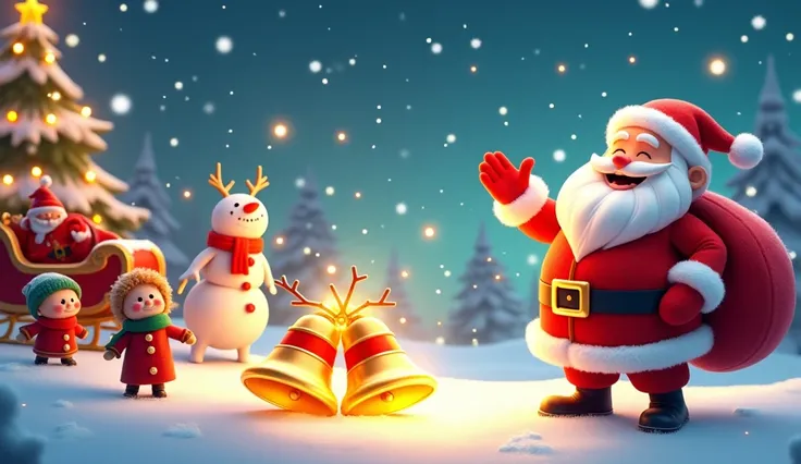 "Create a colorful, engaging Christmas thumbnail for s with the following elements:

Santa Claus: On the right side, with a joyful expression, holding a big red gift bag slung over his shoulder, waving. His classic red and white suit should pop, and a gold...