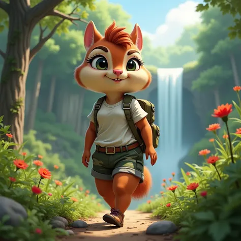 masterpiece, realistic, photograph, best quality ,female anthro sally chipmunk girl, solo, red hair, short hair,walking through forest, white shirt, small breasts, camo shorts, backpack, utility belt, bandolier,  backpack, looking at viewer, waterfall, veg...