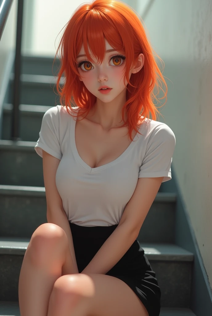 Female thailand, student small size, hair color red,orange height 160 with white Tshirt, black skirt,  sitting in stair poses sexy ,realistic ,closeup face