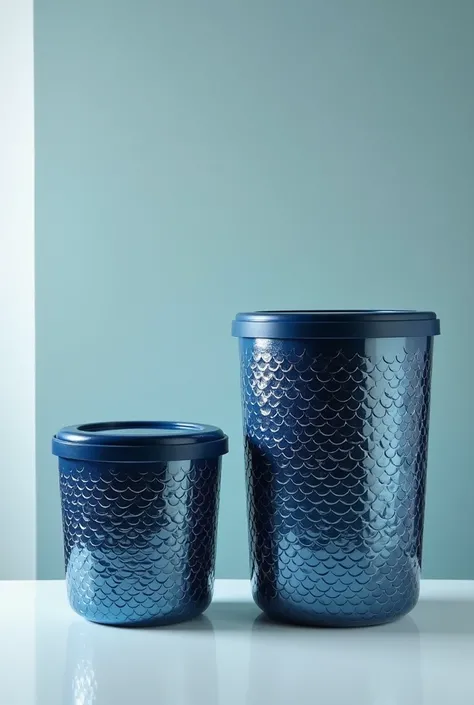  GENERATE A PRODUCT IMAGE OF 2 PLASTIC CONTAINERS , ONE MEDIUM AND ONE LARGE ,  OF SILVER AND DARK BLUE COLORS AND WITH FISH SCALES AS DECORATION