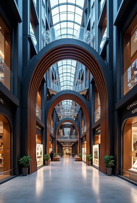 The architecture of the watch exhibition in the shopping mall is inspired by the engine of a mechanical watch. The exterior of the architecture resembles a wristwatch with a curved strap forming an arch.
