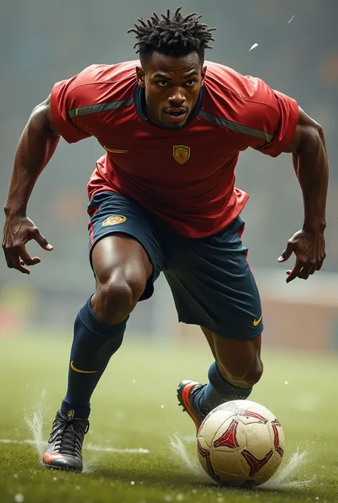  a man soccer player with dark skin,  big black eyes ,  with a soccer ball
