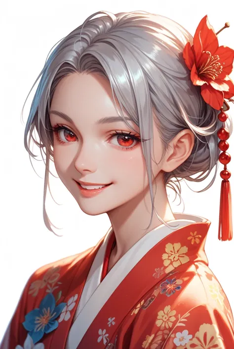   simple background,  Japanese illustration style,  anime , bright silver, fascinating, Lyrical,  soft lighting ,  a gentle smile , fascinating, Red eyes,  looking at viewers