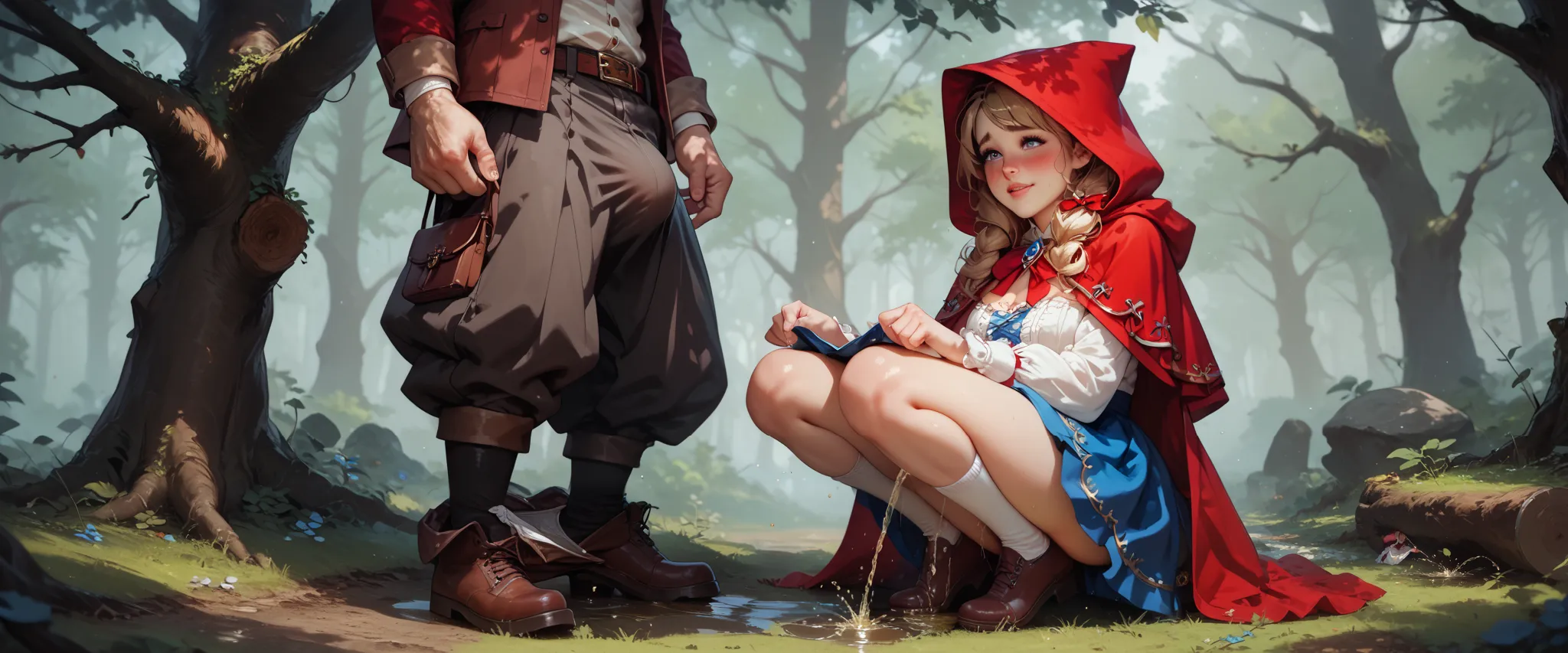 cute maiden, little red riding hood, squatting behind tree peeing, skirt pulled up, grinning, cute, shy, red cheeks, visible pub...