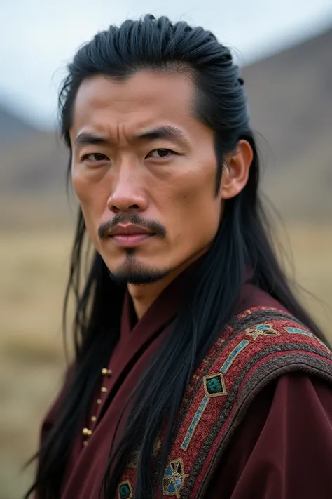 black Long back combed hair, 34 years old man, height 170, mongolia, wearing deel
