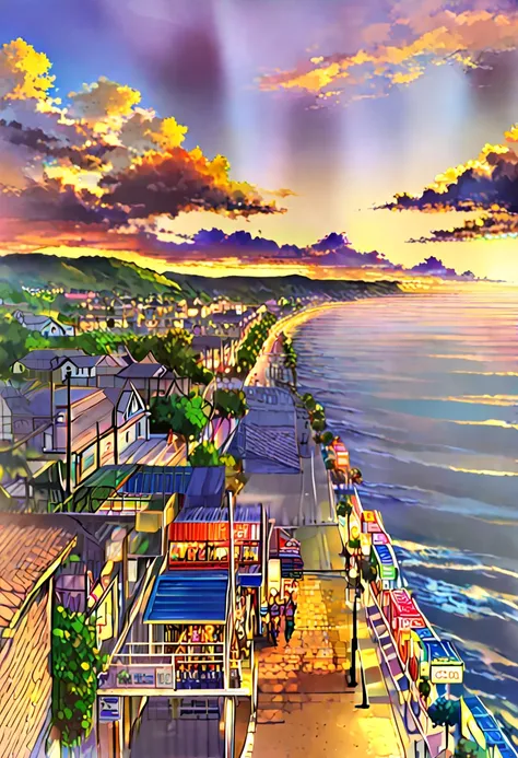 Seaside town at sunset, anime style digital art, vibrant market streets and ocean views, tags: seaside town, sunset, anime style, vibrant market streets, ocean views, colorful, bustling activity, coastal vibe, daily life, romantic, nostalgic, cultural deta...