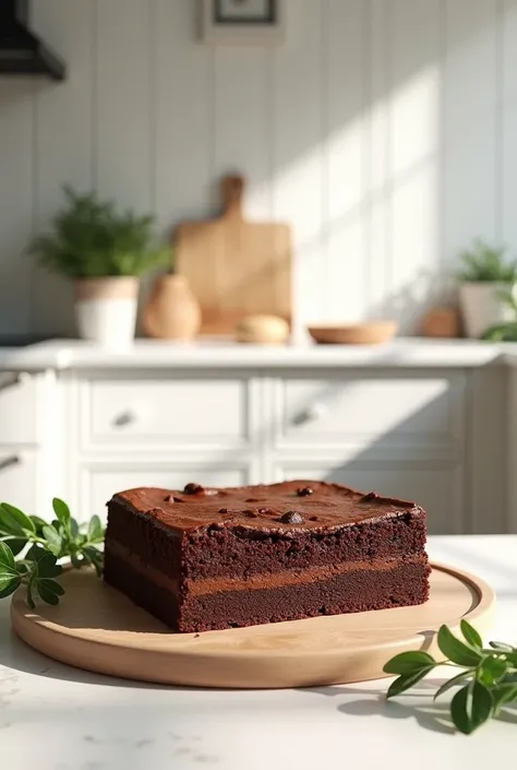  Create a picture of a brownis cake with a rectangular shape on top, in the kitchen with a scandinavian concept , Shades of white , green and brown paint 