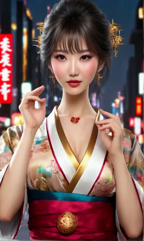 a magical girl, cute woman, age 40, breast exposed, intricate chinese robe, fancy chinese hairstyle, casting action pose, ball of energy, downtown tokyo, (best quality,4k,8k,highres,masterpiece:1.2),ultra-detailed,(realistic,photorealistic,photo-realistic:...