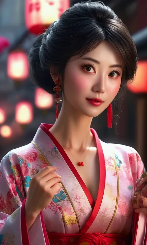 a magical girl, cute woman, age 40, breast exposed, intricate chinese robe, fancy chinese hairstyle, casting action pose, ball of energy, downtown tokyo, (best quality,4k,8k,highres,masterpiece:1.2),ultra-detailed,(realistic,photorealistic,photo-realistic:...