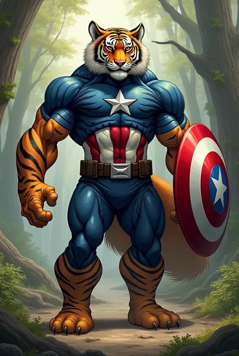 Here’s a prompt you can use:

**"A powerful hybrid creature combining the traits of Captain America and a tiger. The creature has the muscular build and blue, red, and white armor of Captain America, with a star on its chest and a shield on one arm. Its lo...