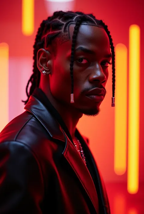 TRAVIS SCOTT, MEDIUM SHOT, background f1 .4,  electronic music style,  against orange lights ,  4K resolution 