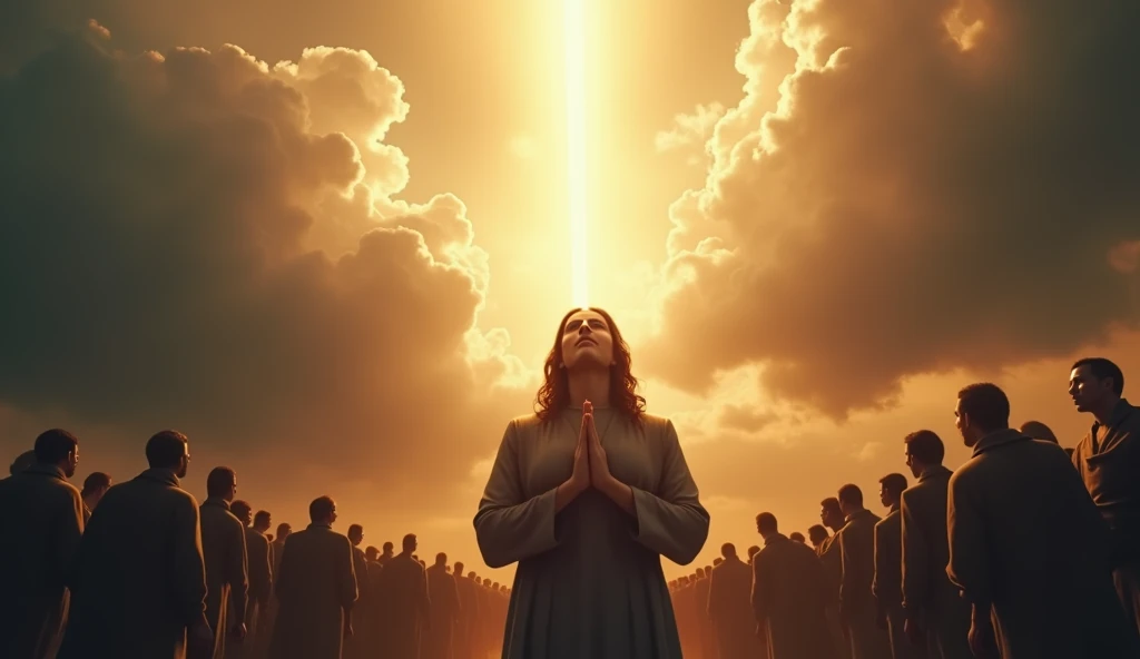 "A captivating and emotionally powerful scene designed for a YouTube prayer video thumbnail. At the center, a resilient and serene figure stands with hands lifted in prayer, radiating unwavering faith. They are encircled by shadowy, menacing warriors, symb...