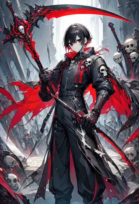 Black Haired Man,Black-red coveralls, Holds a Black Sword,Scissor Sword ,cool,With a torn shawl ,There is a bandage ,thin, in black eyes,skull,Paradise