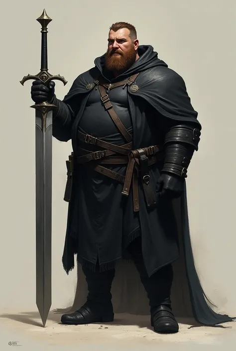 A fat but not too fat guy. Tall with a full black outfit and a Cloak and brown short hair and a brown Beard. Holding a big greatsword 