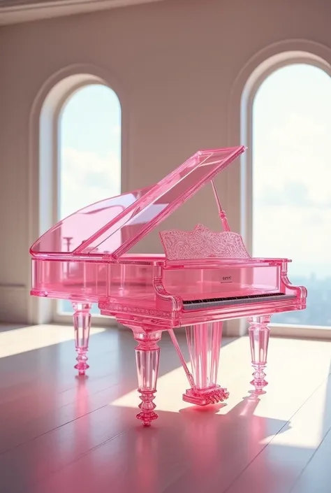 "Create an image of a luxurious, translucent pink grand piano placed in a well-lit room with tall arched windows. The piano features intricate crystal-like details, including delicate legs and a glossy finish that reflects the ambient light. The room has a...