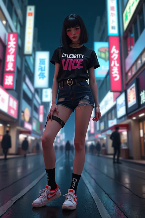 Hyper realistic High Resolution, sexy cyborg android cute sexy schoolgirl wearing a t shirt that says “celebrity vice” on it, big boobs lots of cleavage perky butt nike sneakers standing in a dystopian shibuya at night with broken neon signs 