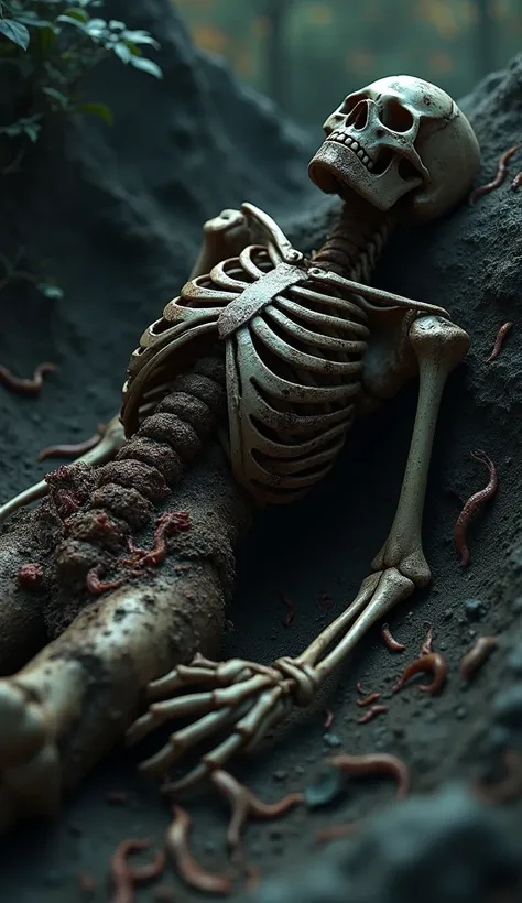 (photorealism:1.2), filthy human skeleton , there is rotten meat stuck to some parts of the bone,  poses skeleton lying in mud ,  half skeleton submerged in the ground ,  on a skeleton full of clustered earthworms, set of dark twilight background ,  image ...